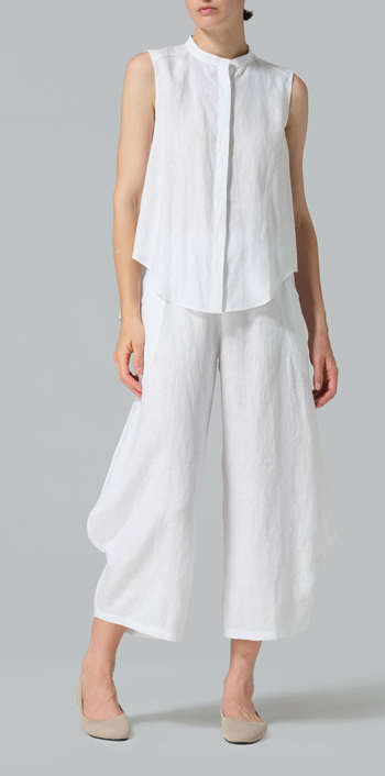 White Linen A-line Sleeveless Top with Mandarin Collar Set