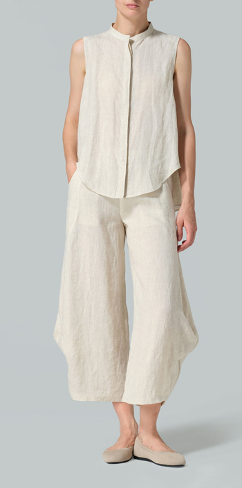 Oat Linen A-line Sleeveless Top with Mandarin Collar Set