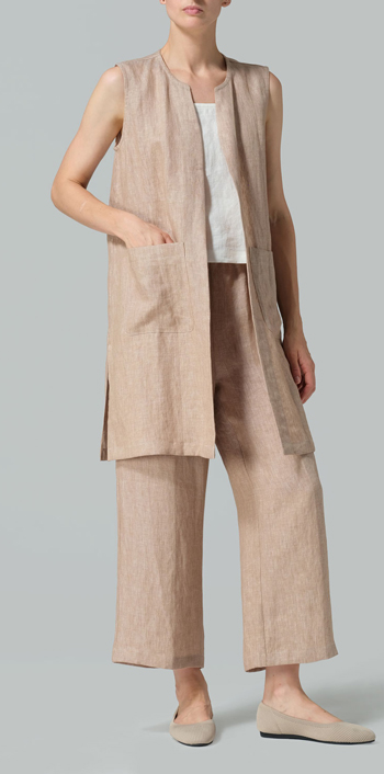 Two Tone Beige Linen Open Front Straight Long Vest Jacket Set