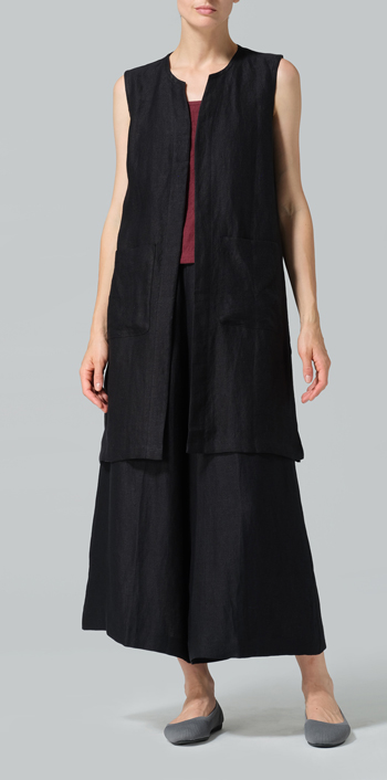 Black Linen Open Front Straight Long Vest Jacket