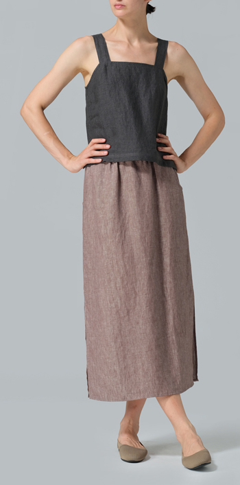 Brown Linen Straight-Leg Long Skirt