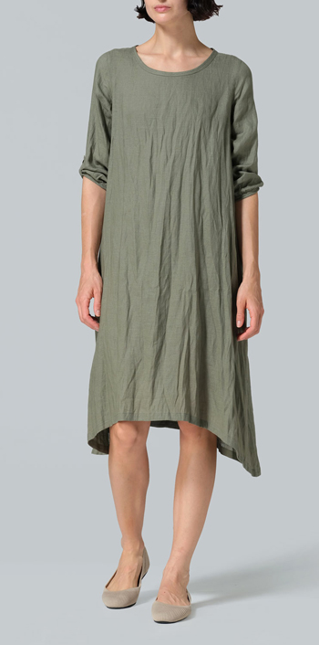 Dark Khaki Linen Flare Midi Dress