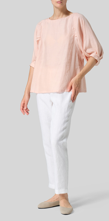 Rose Pink Linen Pleated Sleeve Top