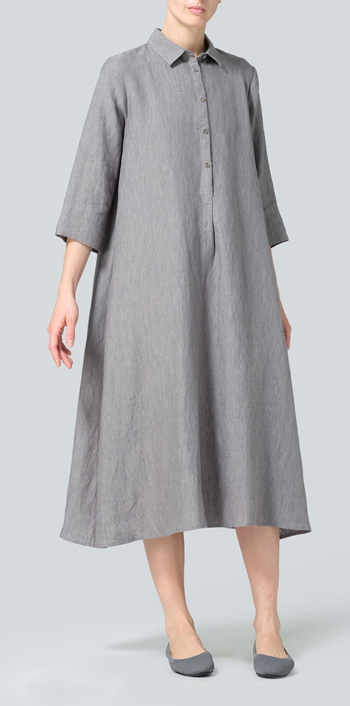 Soft Gray Linen A-Line Midi Shirt Dress