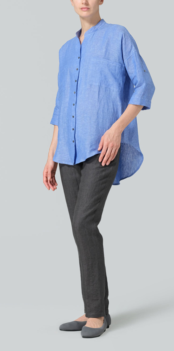 Sky Blue Linen Mandarin Collar Blouse