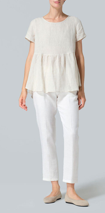 Oat Linen Short Sleeve Pleated Blouse