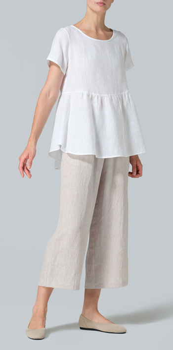 White Linen Short Sleeve Pleated Blouse