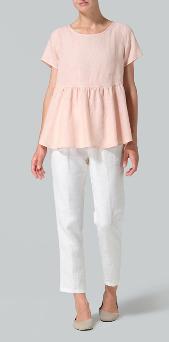 Rose Pink Linen Short Sleeve Pleated Blouse