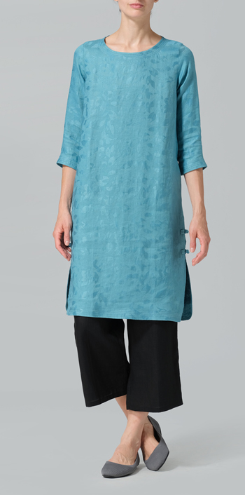 Teal Blue Linen Handmade Knot Jacquard Long Tunic