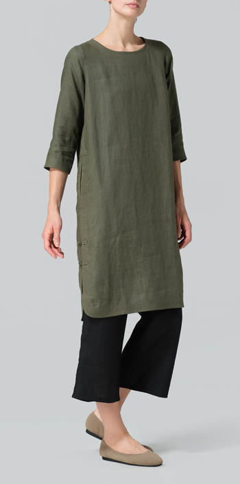 Khaki Green Linen Handmade Knot Long Tunic