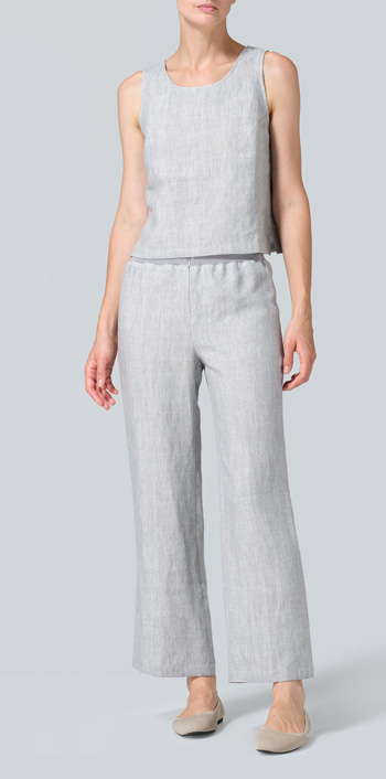 Two Tone Light Gray Linen Straight Leg Pants Set