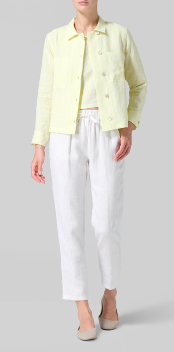 Mist Yellow Linen Cropped Shirt Jacket with Pockets