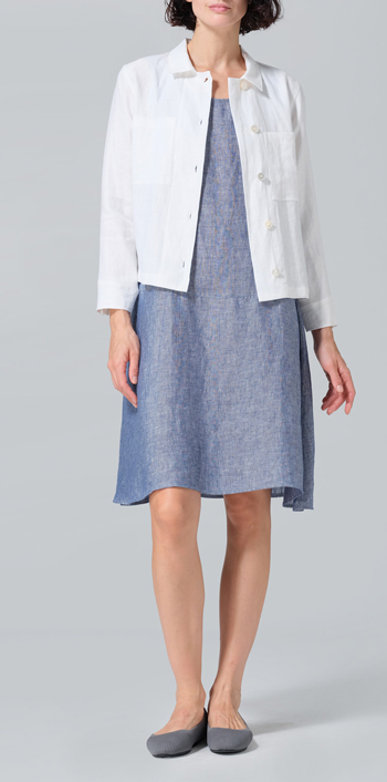 Two Tone Denim Linen A-line Scoop Neck Tunic Set