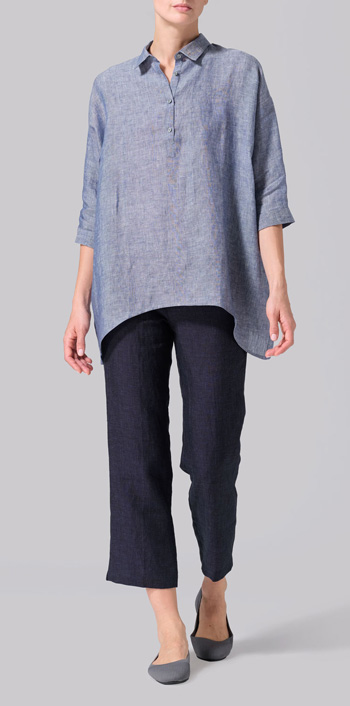 Two Tone Denim Linen Oversized Straight-Cut Shirt