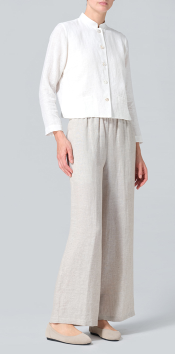 Soft White Linen Stand Collar Cropped Jacket