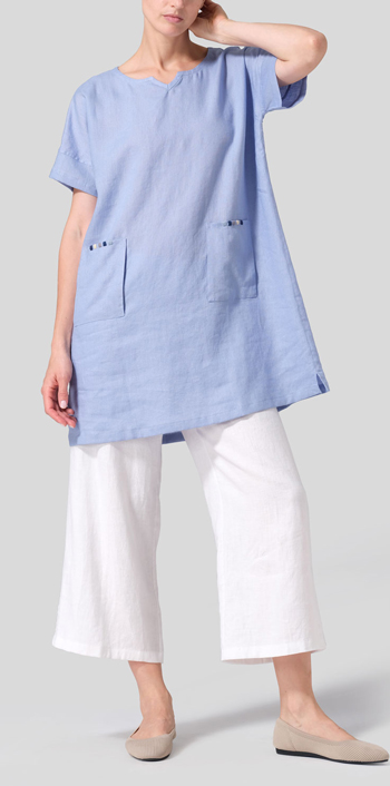 Sky Blue Linen Sweetheart Neckline S/S Tunics