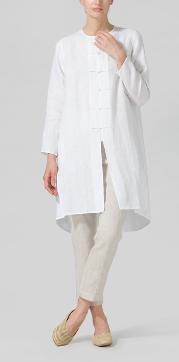 White Linen Straight Cut Chinese Button Knots Tunic