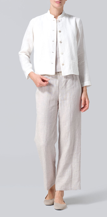 Soft White Linen Stand Collar Cropped Jacket