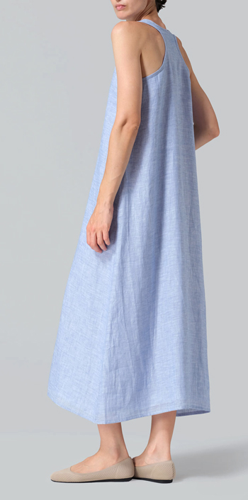 Cornflower Blue Linen Layering A-line Maxi Dress