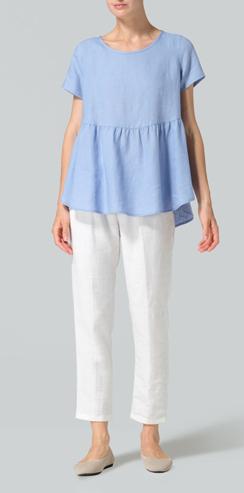 Cerulean Blue Linen Short Sleeve Pleated Blouse