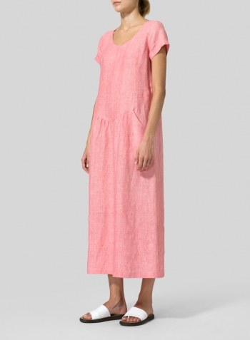Sakura Pink Linen Short Sleeve Midi Dress - Plus Size