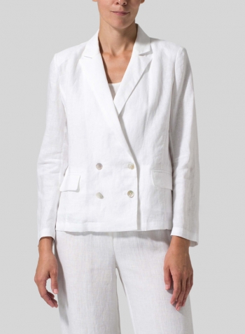 White Linen Double-Breasted Cropped Blazer