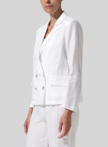 White Linen Double-Breasted Cropped Blazer