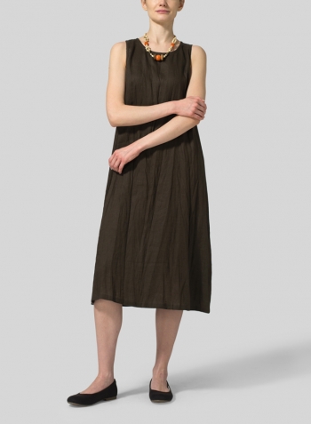 Olive Brown Linen Sleeveless Midi Dress With Necklace