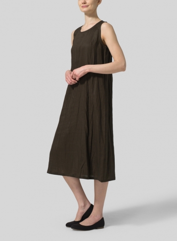 Olive Brown Linen Sleeveless Midi Dress With Necklace