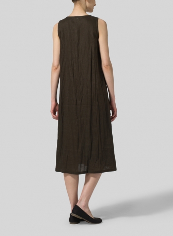 Olive Brown Linen Sleeveless Midi Dress With Necklace