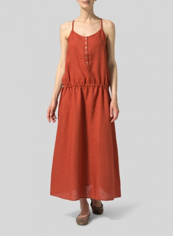 Burnt Orange Linen Half Button-Down Sleeveless Dress