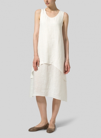 Off White Linen Double Layer Sleeveless Tunic Dress