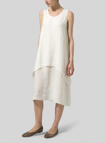 Off White Linen Double Layer Sleeveless Tunic Dress