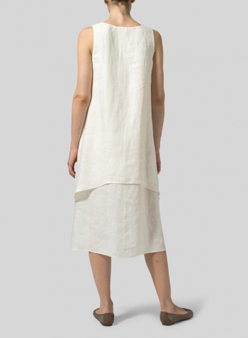 Off White Linen Double Layer Sleeveless Tunic Dress