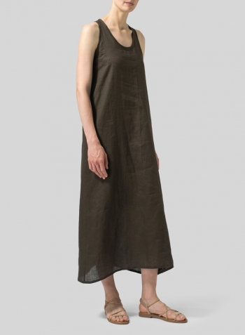 Olive Brown Linen A-line Maxi Dress