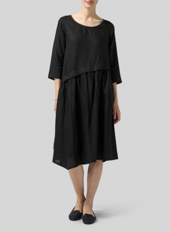 Black Linen A-line Asymmetrical Hem Dress