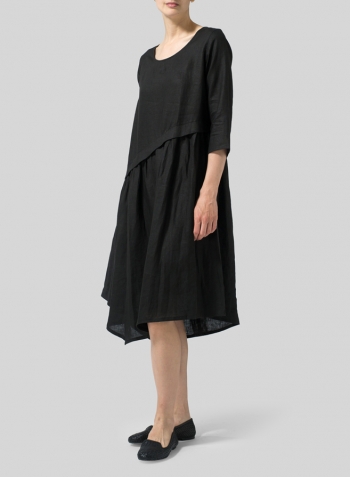 Black Linen A-line Asymmetrical Hem Dress