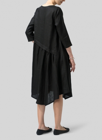 Black Linen A-line Asymmetrical Hem Dress