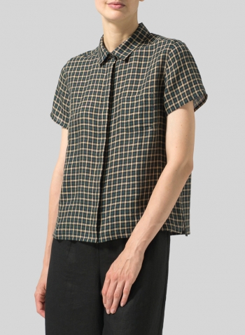 Dark Green Yellow Checker Linen Short Sleeve Mini-point Collar Shirt