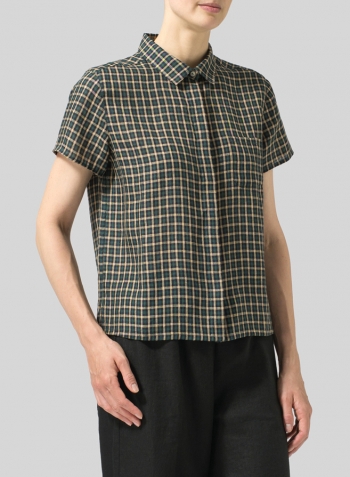 Dark Green Yellow Checker Linen Short Sleeve Mini-point Collar Shirt