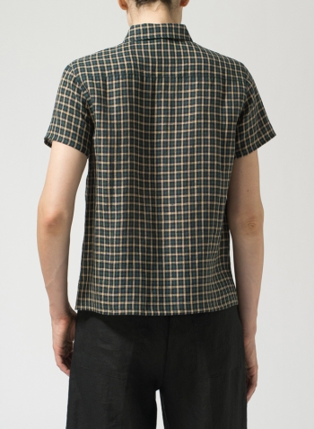 Dark Green Yellow Checker Linen Short Sleeve Mini-point Collar Shirt