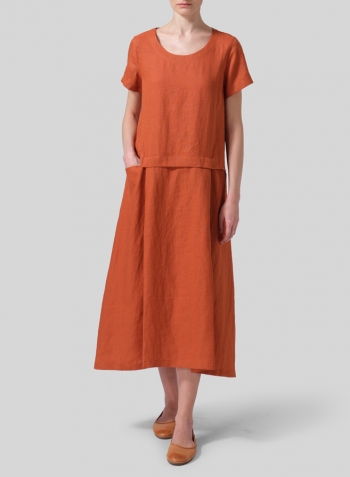 Rust Orange Linen Short Sleeves A-Line Dress