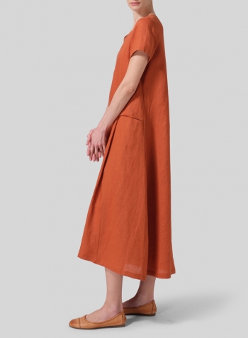 Rust Orange Linen Short Sleeves A-Line Dress