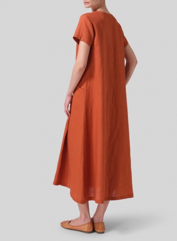 Rust Orange Linen Short Sleeves A-Line Dress