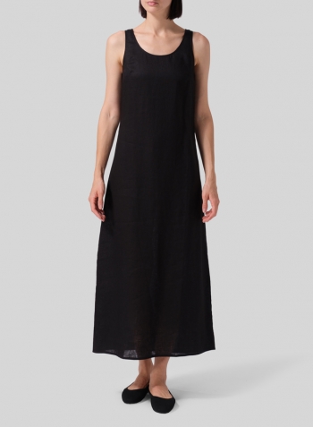 Black Linen Fitting Round Neck Long Dress