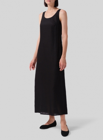 Black Linen Fitting Round Neck Long Dress