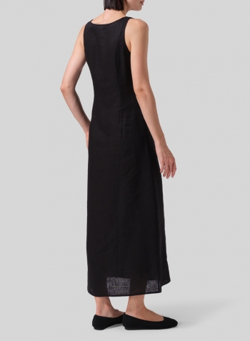 Black Linen Fitting Round Neck Long Dress