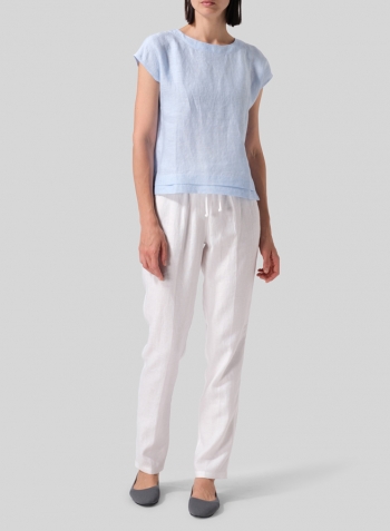 Powder Blue Linen Boxy Cap Sleeves Cropped Top