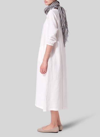 White Linen Elbow Sleeve Long Dress Wtih Scarf