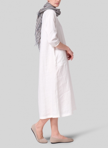 White Linen Elbow Sleeve Long Dress Wtih Scarf